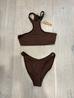 Skims swim bikini high neck racerback and matching bottoms cocoa medium new
